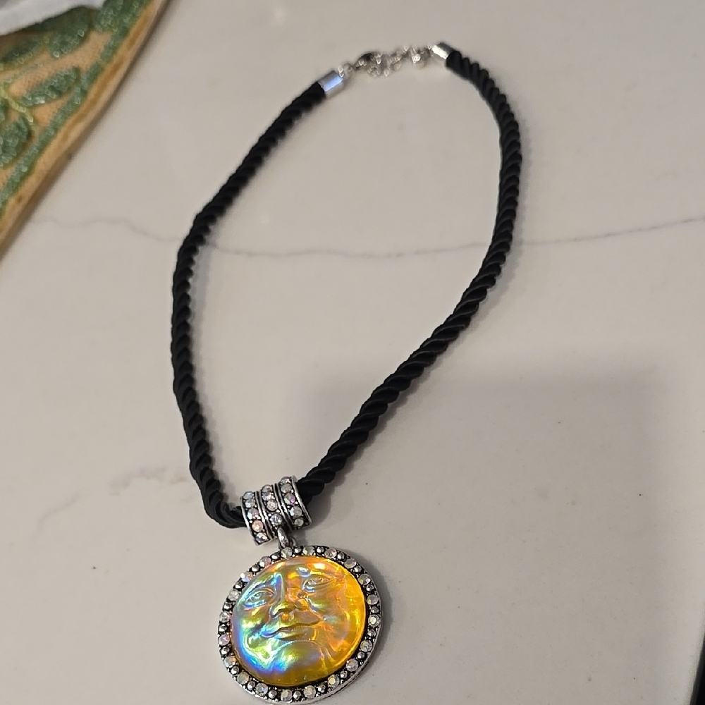 Irradeacent Moon Pendant Necklace On Black Cord